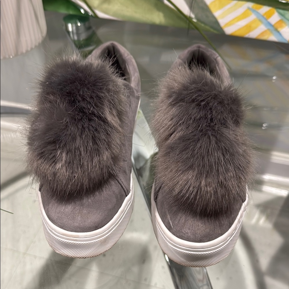 Gray Fur Slip-On Sneakers with Plush Upper